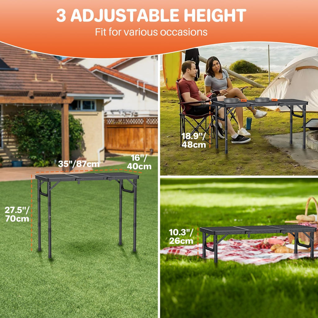 Folding Grill Table 3ft 3 Adjustable Heights Black A7932