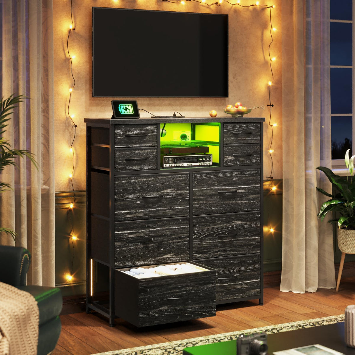 Black 10 Drawer Dresser with LED & Charging Station G88838