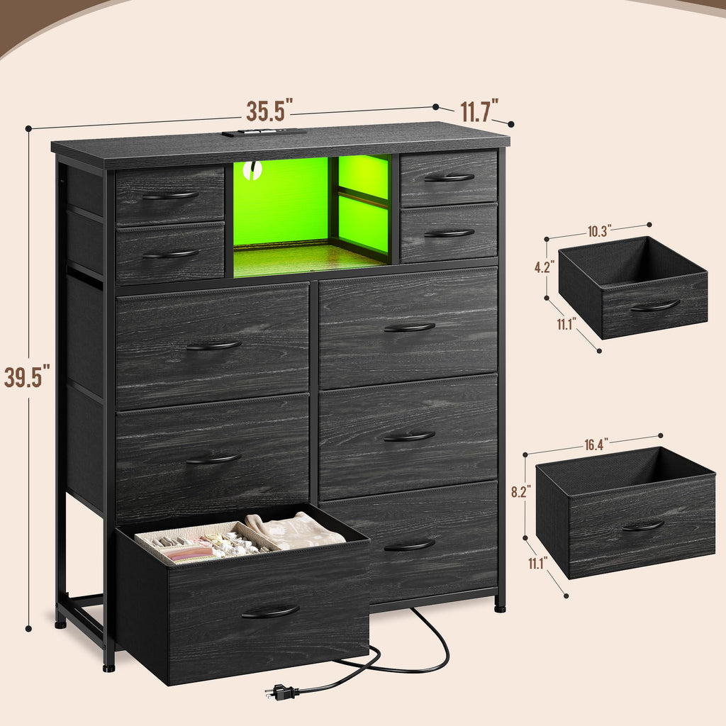 Black 10 Drawer Dresser with LED & Charging Station G88838