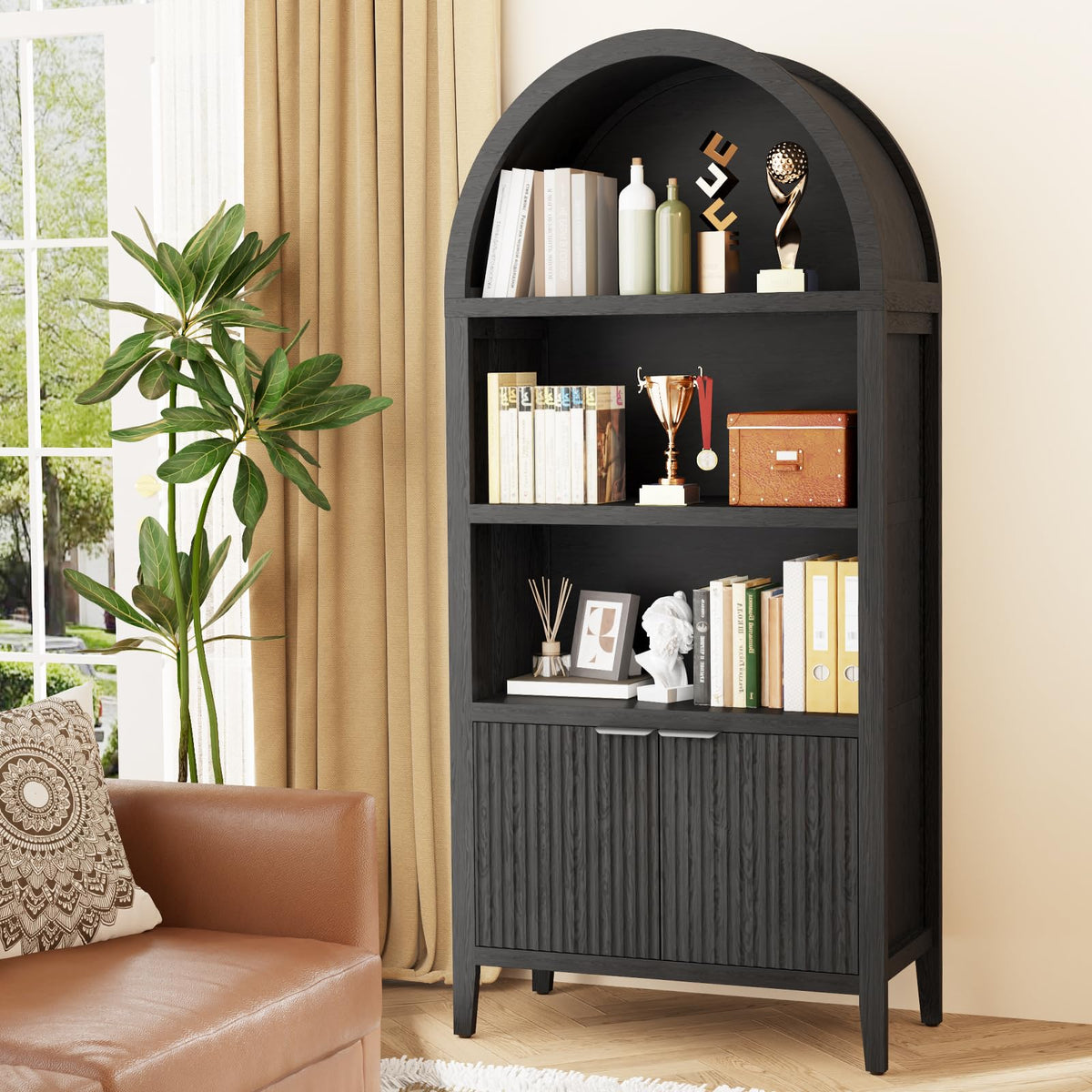 Black 5-Tier Arched Bookshelf with Fluted Doors T780