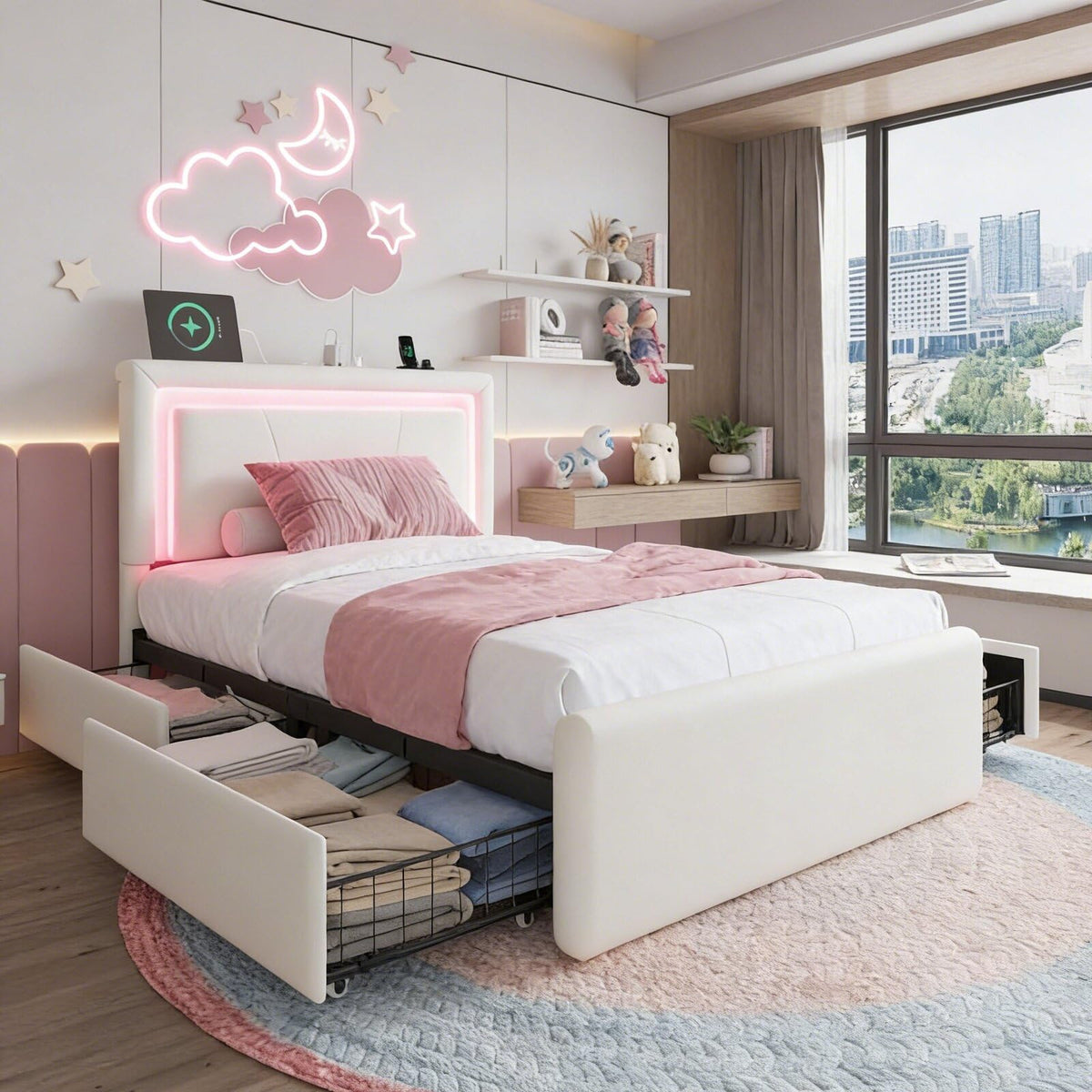 White Twin Size Bed Frame with 4 Storage Drawers V118029