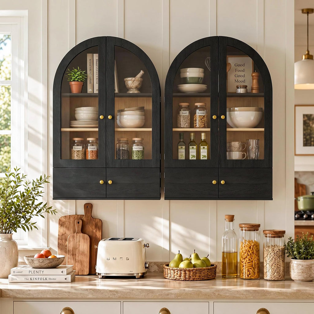 Black Arched Wall Mounted Cabinet with Glass Doors D86870