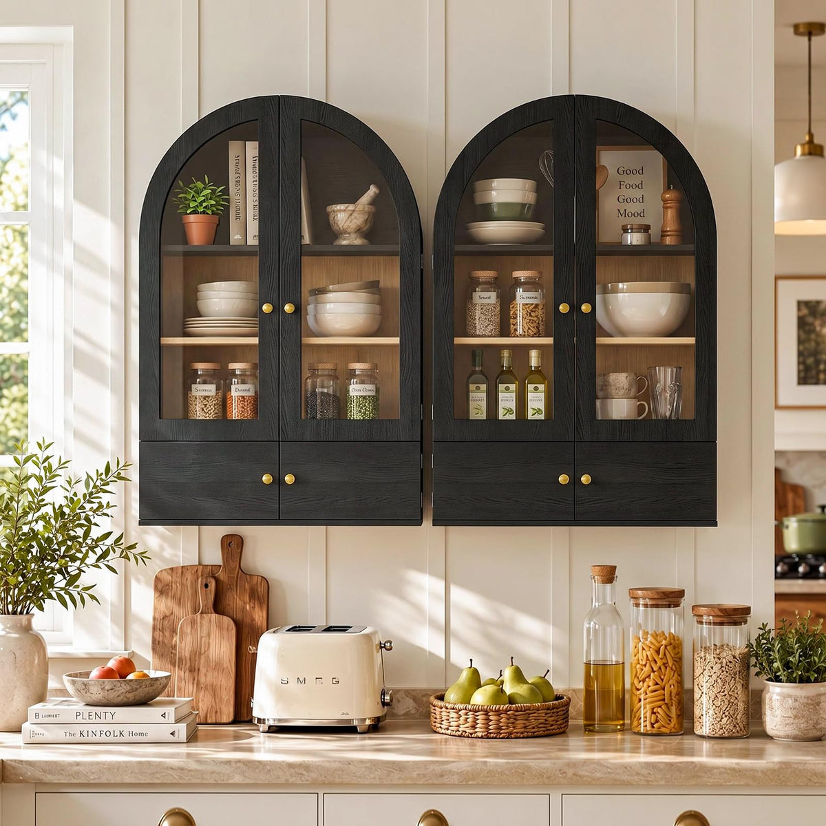 Black Arched Wall Mounted Cabinet with Glass Doors D86870