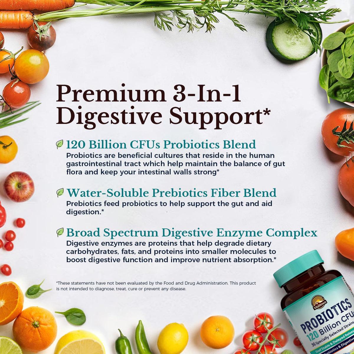 Probiotics 120 Billion CFUs 36 Strains with Prebiotics & Digestive Enzymes 30 Veg Caps M3074
