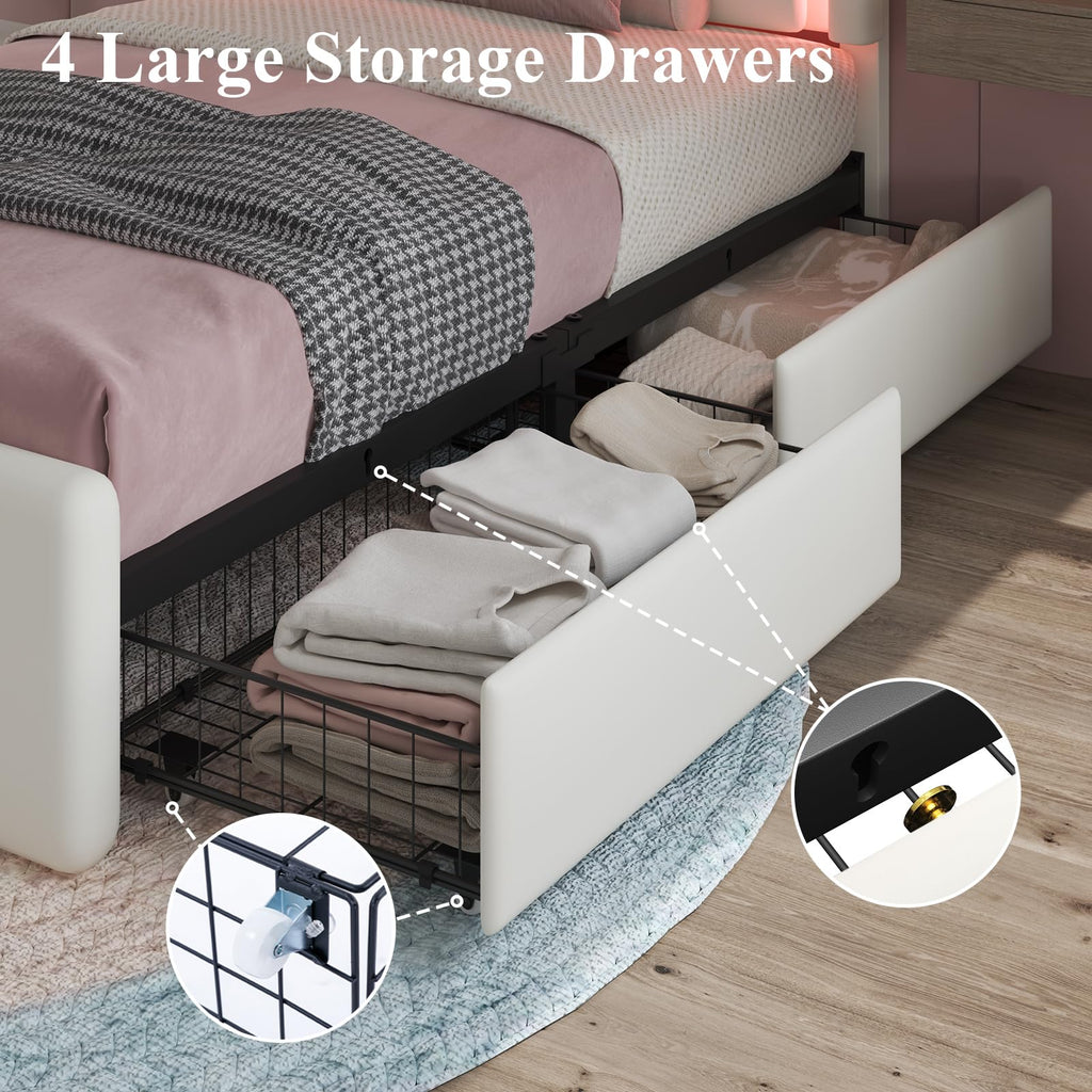 White Twin Size Bed Frame with 4 Storage Drawers V118029