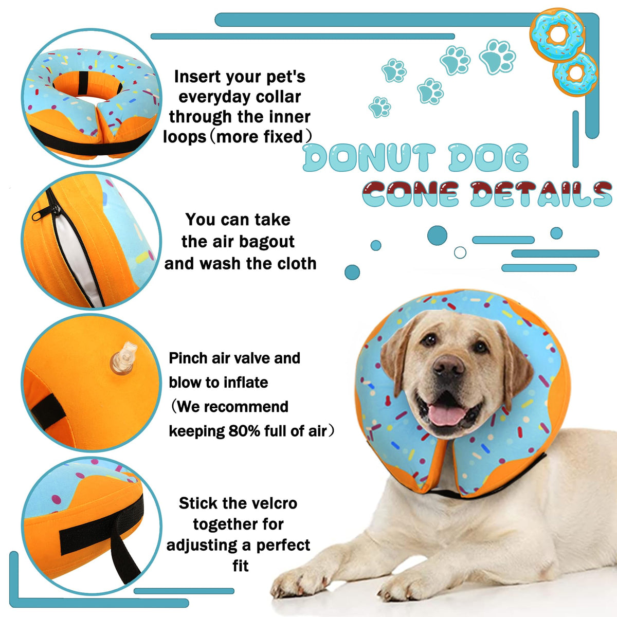 Inflatable Dog Cone Collar Alternative, Adjustable Soft Pet Neck Donut D65367