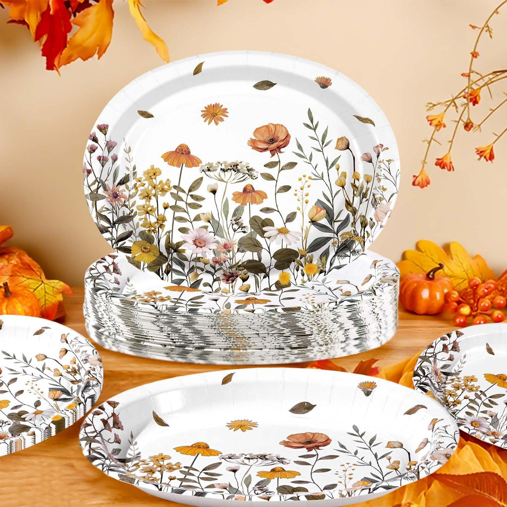 50Pcs Fall Oval Paper Plates 10" x 12" Heavy Duty Disposable Platters E884857