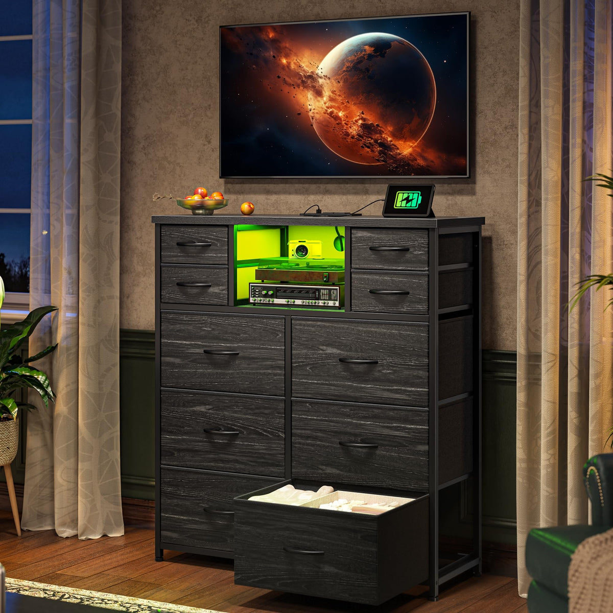 Black 10 Drawer Dresser with LED & Charging Station G88838