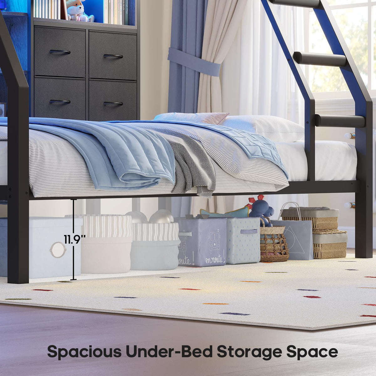 Black Twin Over Twin Bunk Bed with Charging Station & LED Lights P83254