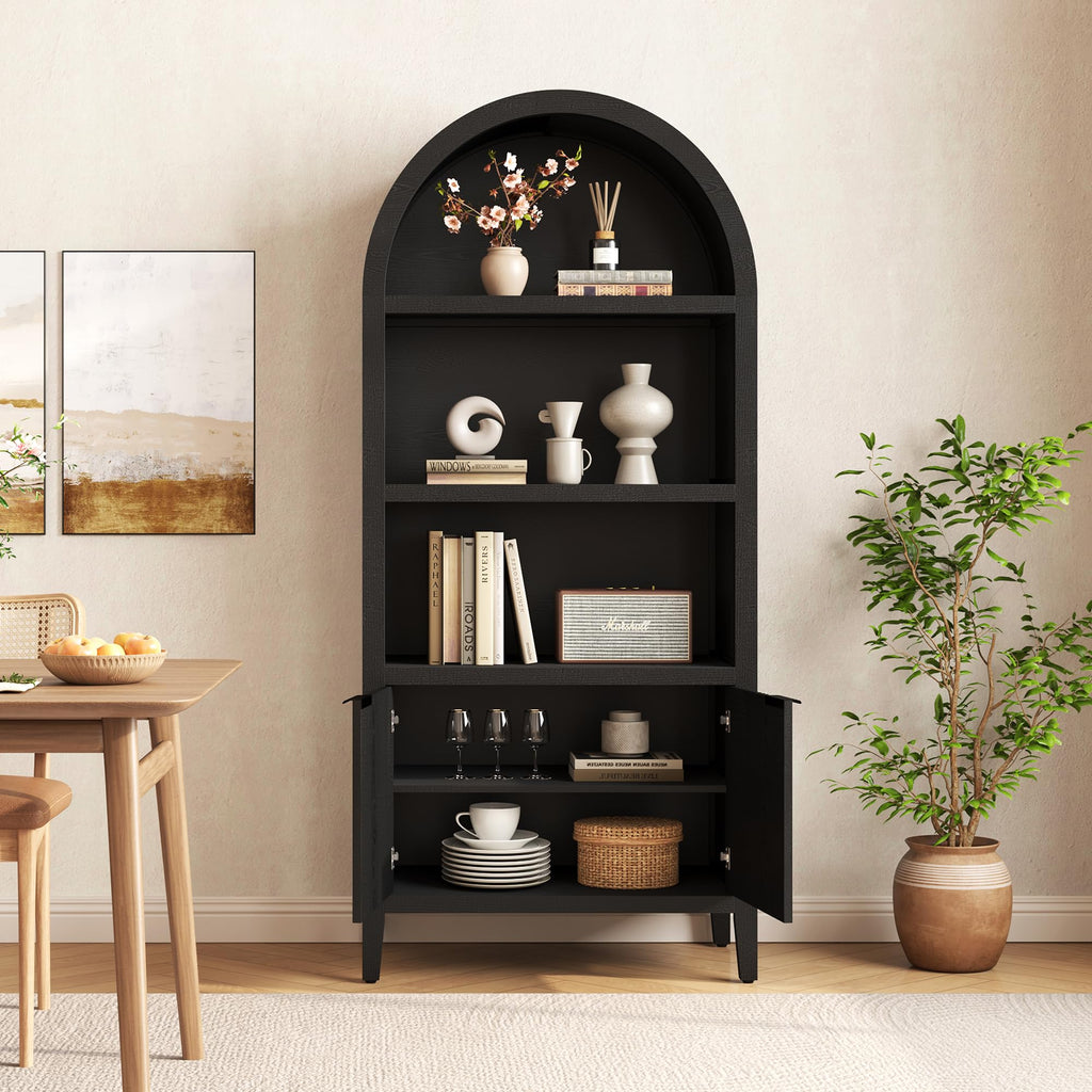 Black 5-Tier Arched Bookshelf with Fluted Doors T780