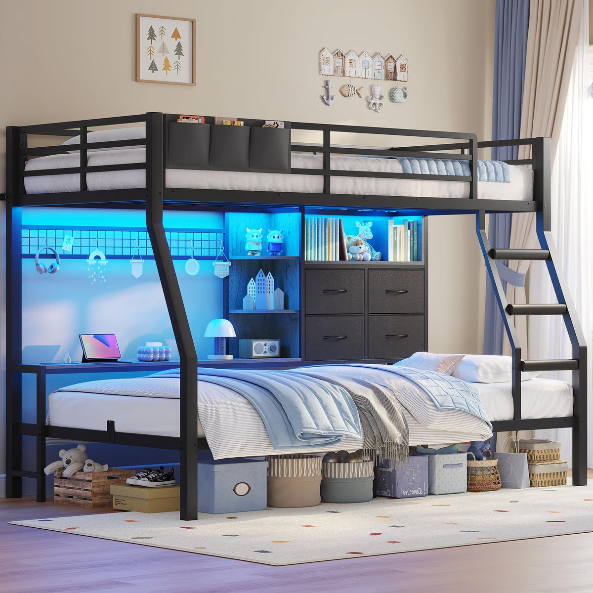 Black Twin Over Twin Bunk Bed with Charging Station & LED Lights P83254