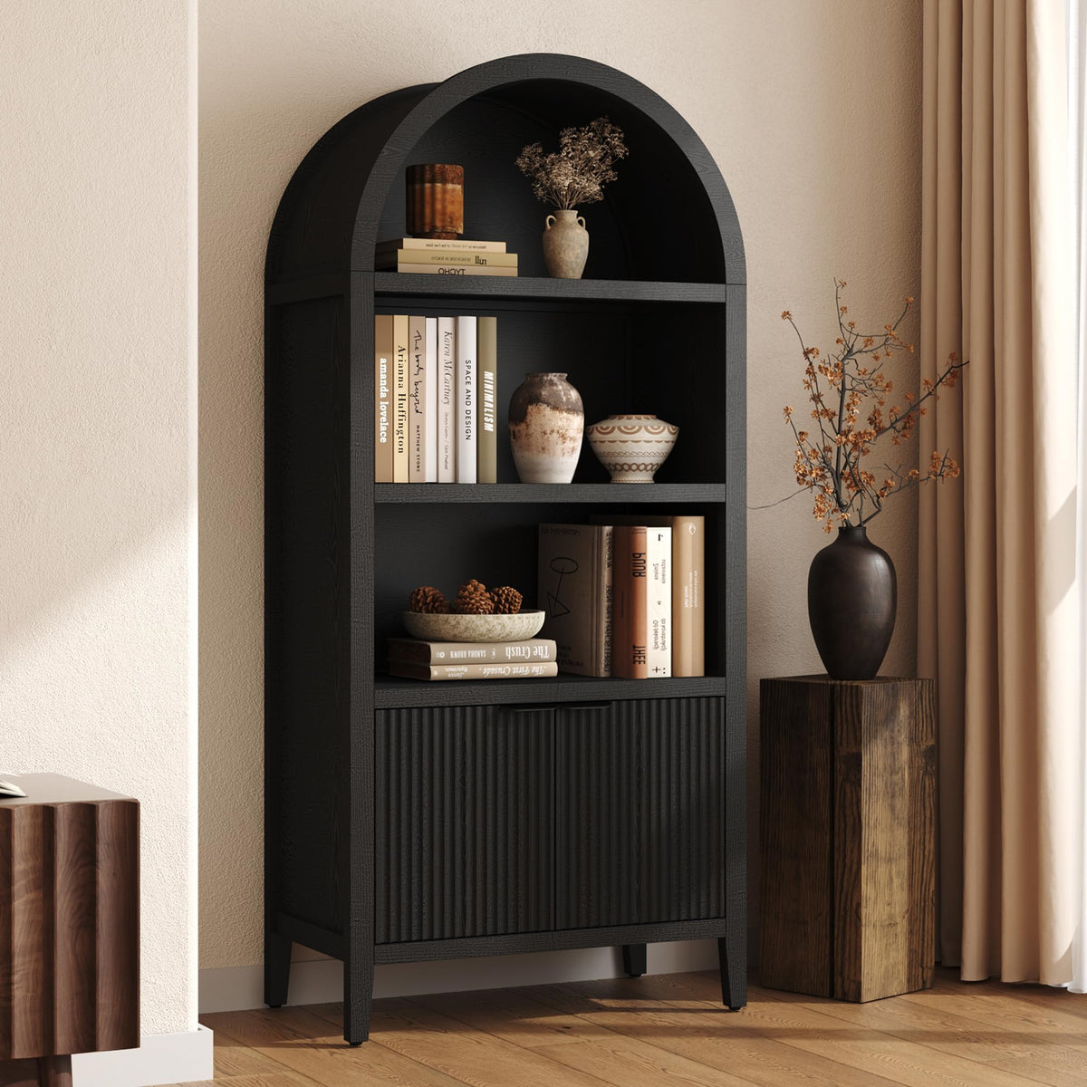 Black 5-Tier Arched Bookshelf with Fluted Doors T780
