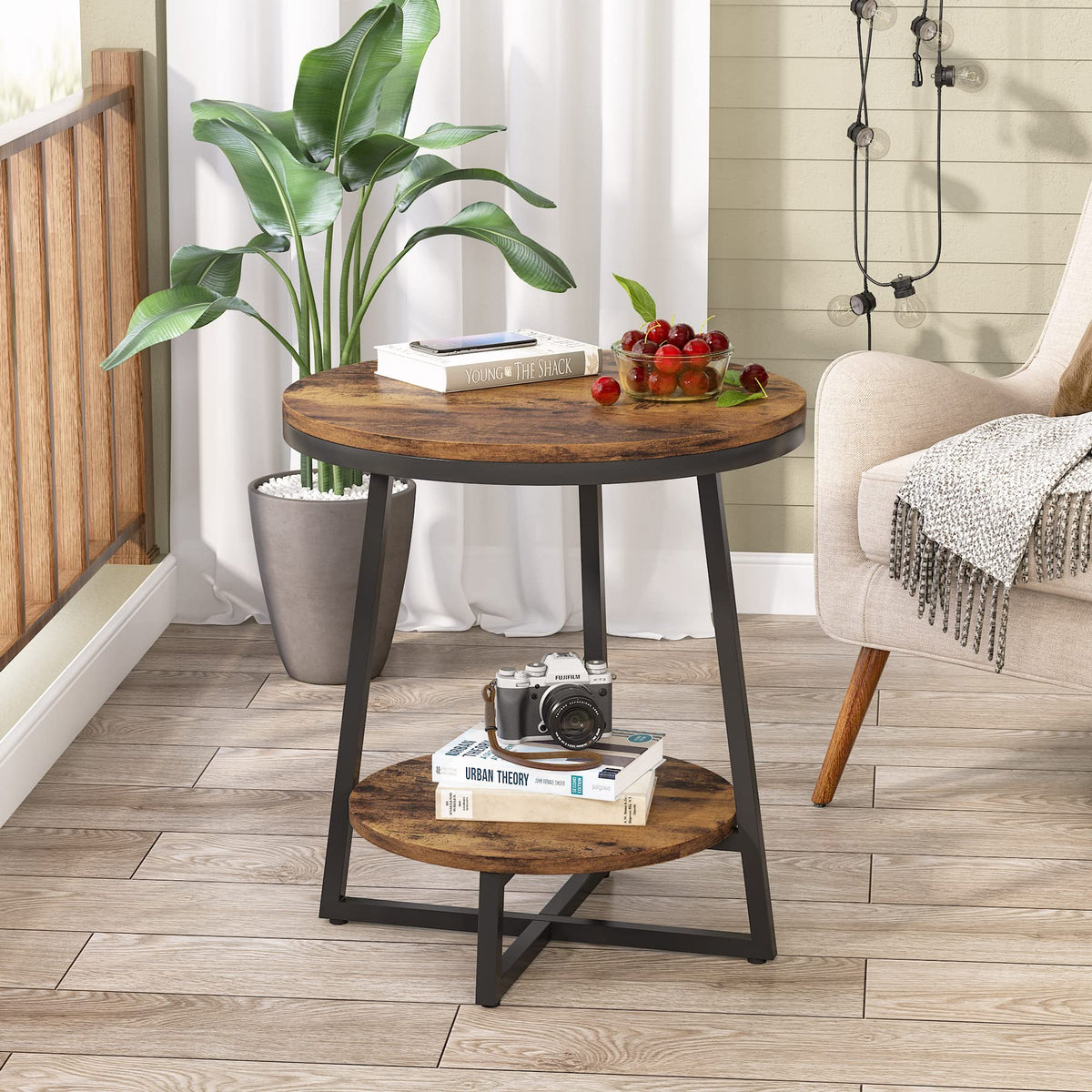 2 Tier Round End Table with Storage Shelf P7567