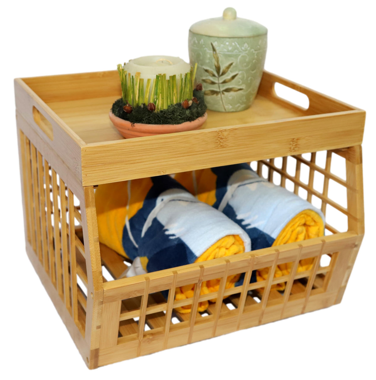 Bamboo Stackable Medium Storage Bins with Serving Tray Lid C418