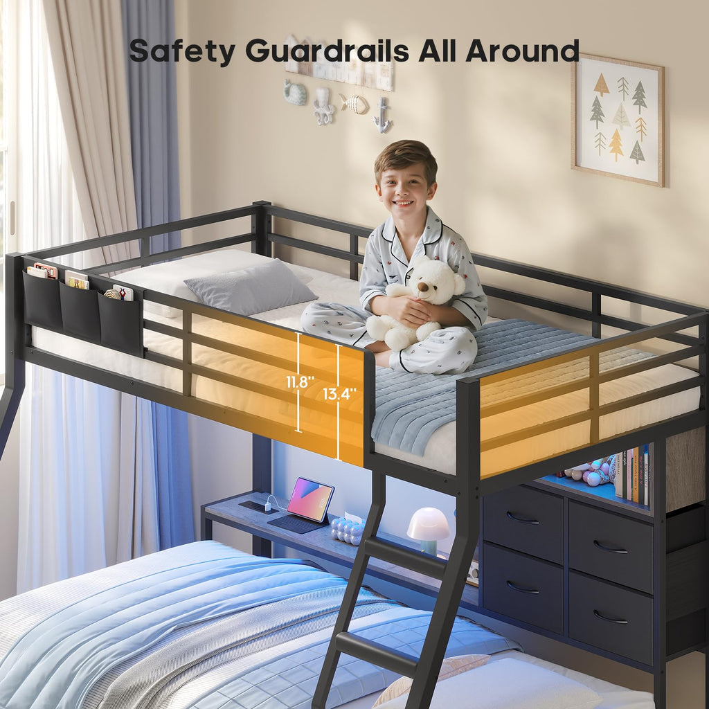Black Twin Over Twin Bunk Bed with Charging Station & LED Lights P83254