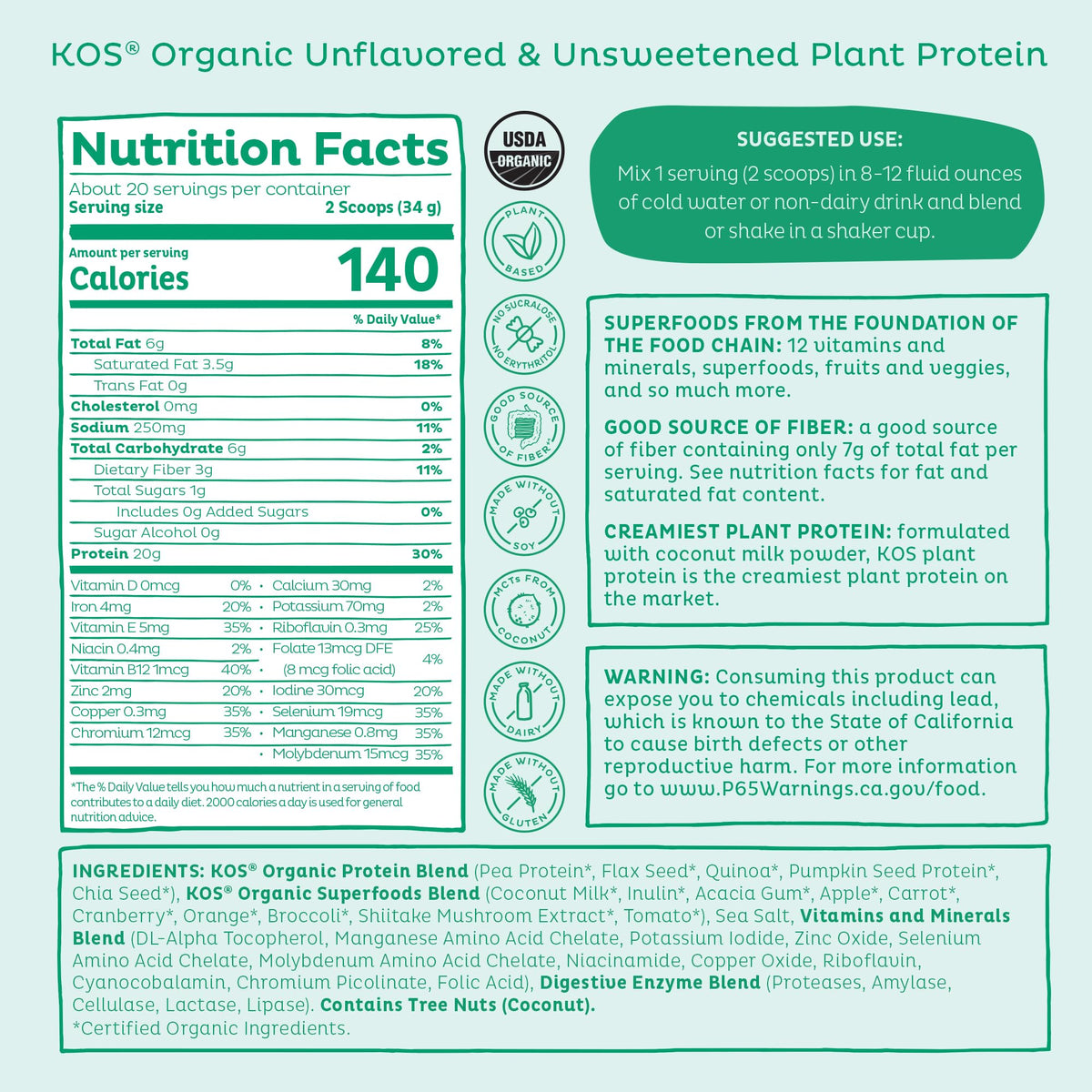 Vegan Protein Powder, Unflavored & Unsweetened Pea Protein Blend, 20 Servings C861