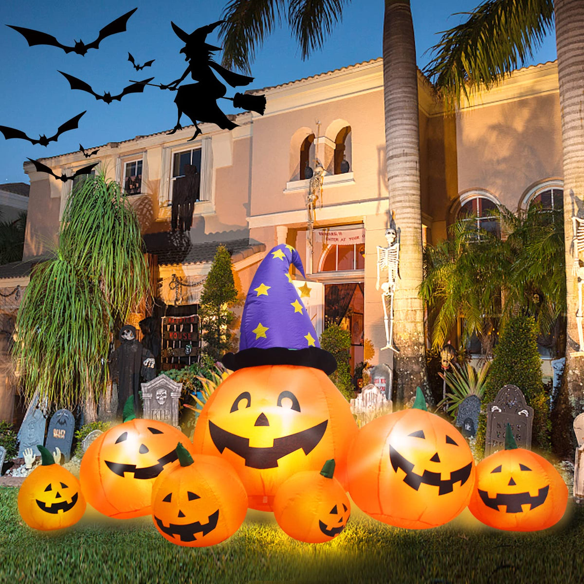 8 FT Inflatable Pumpkins and Witch Hat with Built-in LED Lights R54681