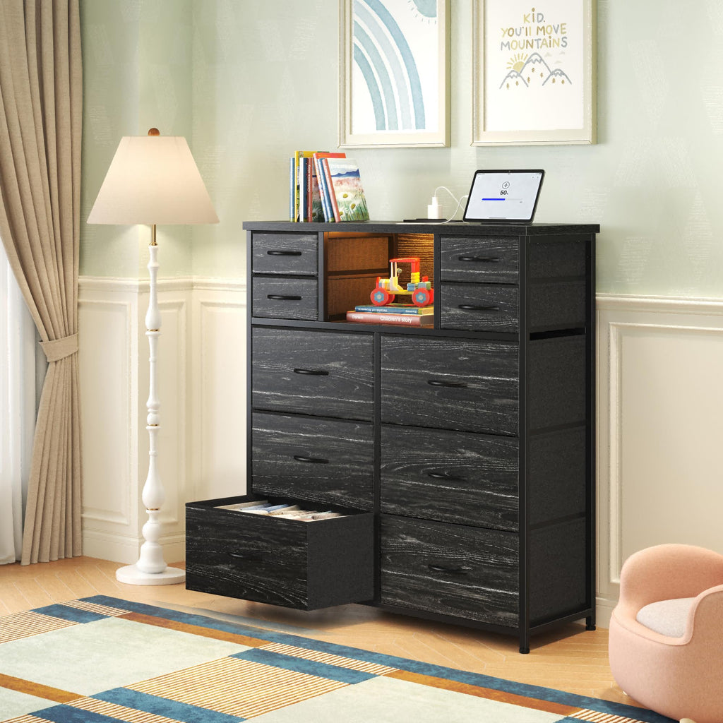 Black 10 Drawer Dresser with LED & Charging Station G88838