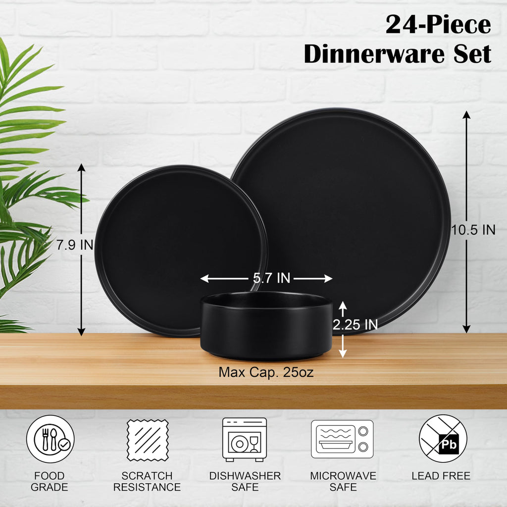 Black 24-Piece Stoneware Dinnerware Set for 8 C797384