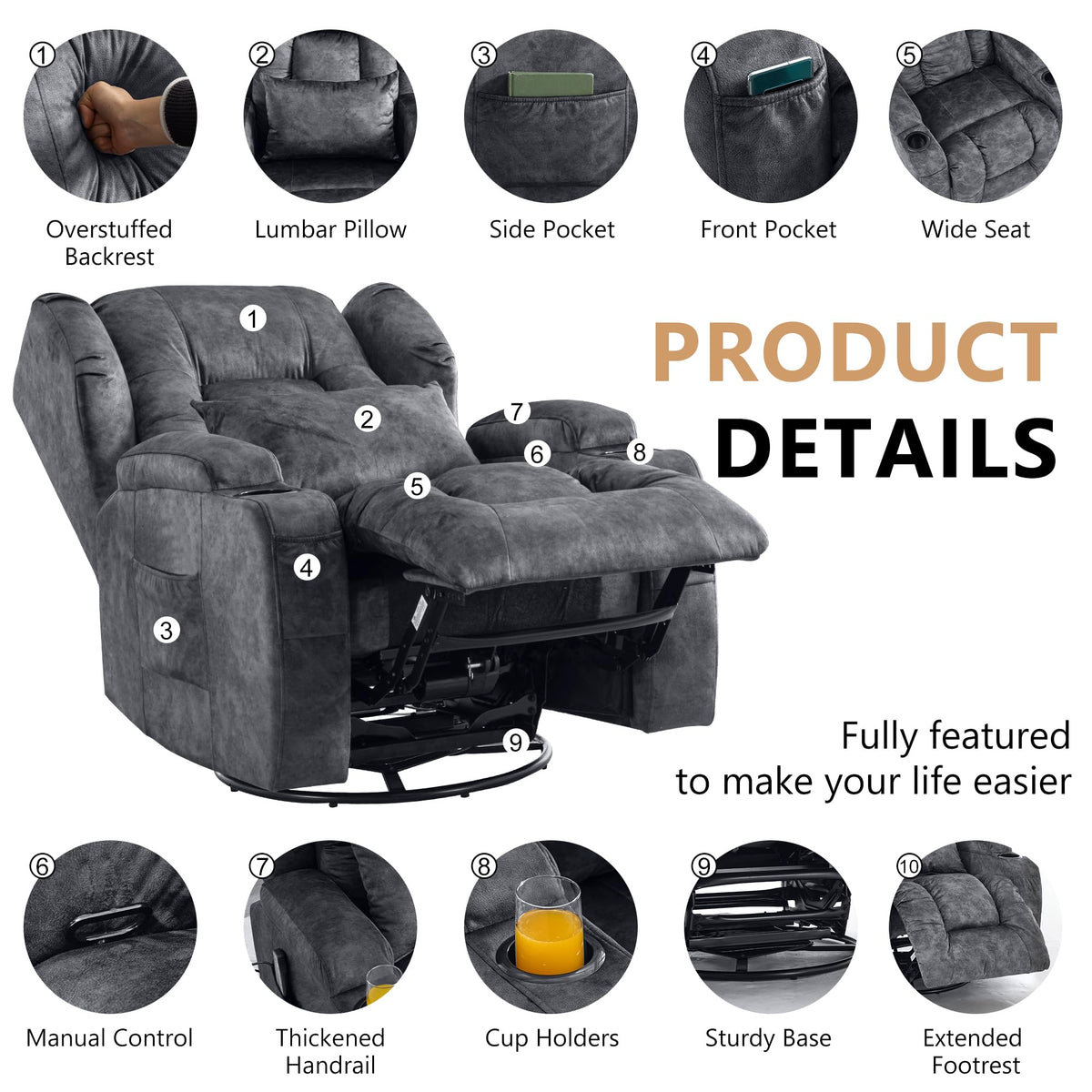 Manual Swivel Rocker Recliner Chair Velvet Grey H624