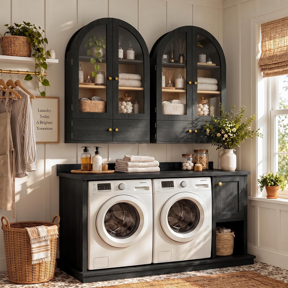 Black Arched Wall Mounted Cabinet with Glass Doors D86870