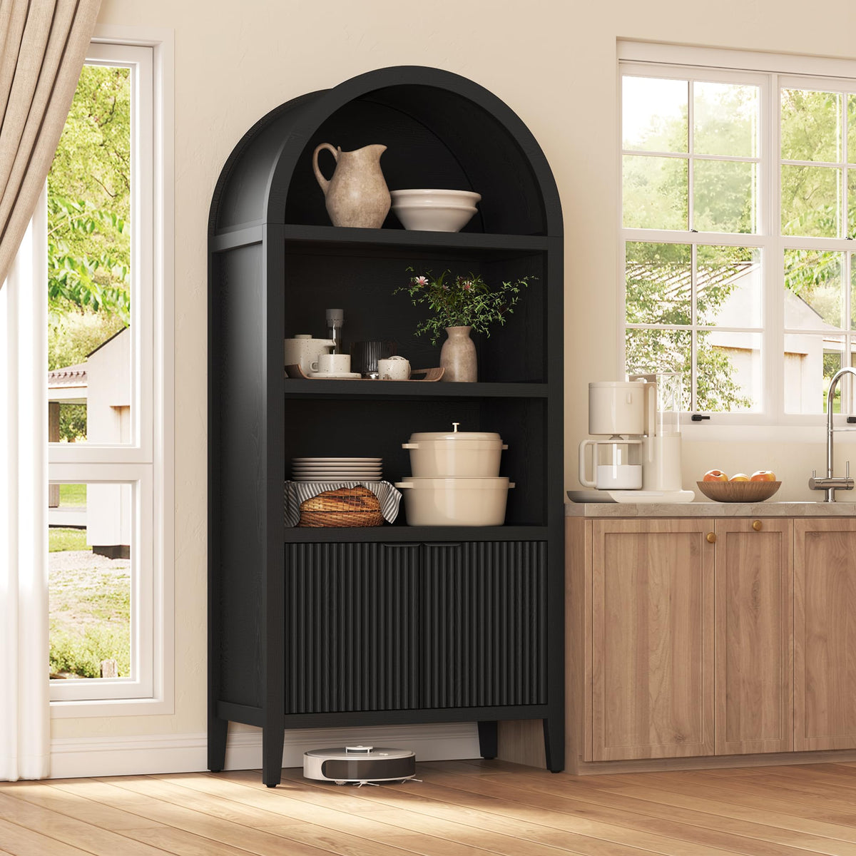 Black 5-Tier Arched Bookshelf with Fluted Doors T780