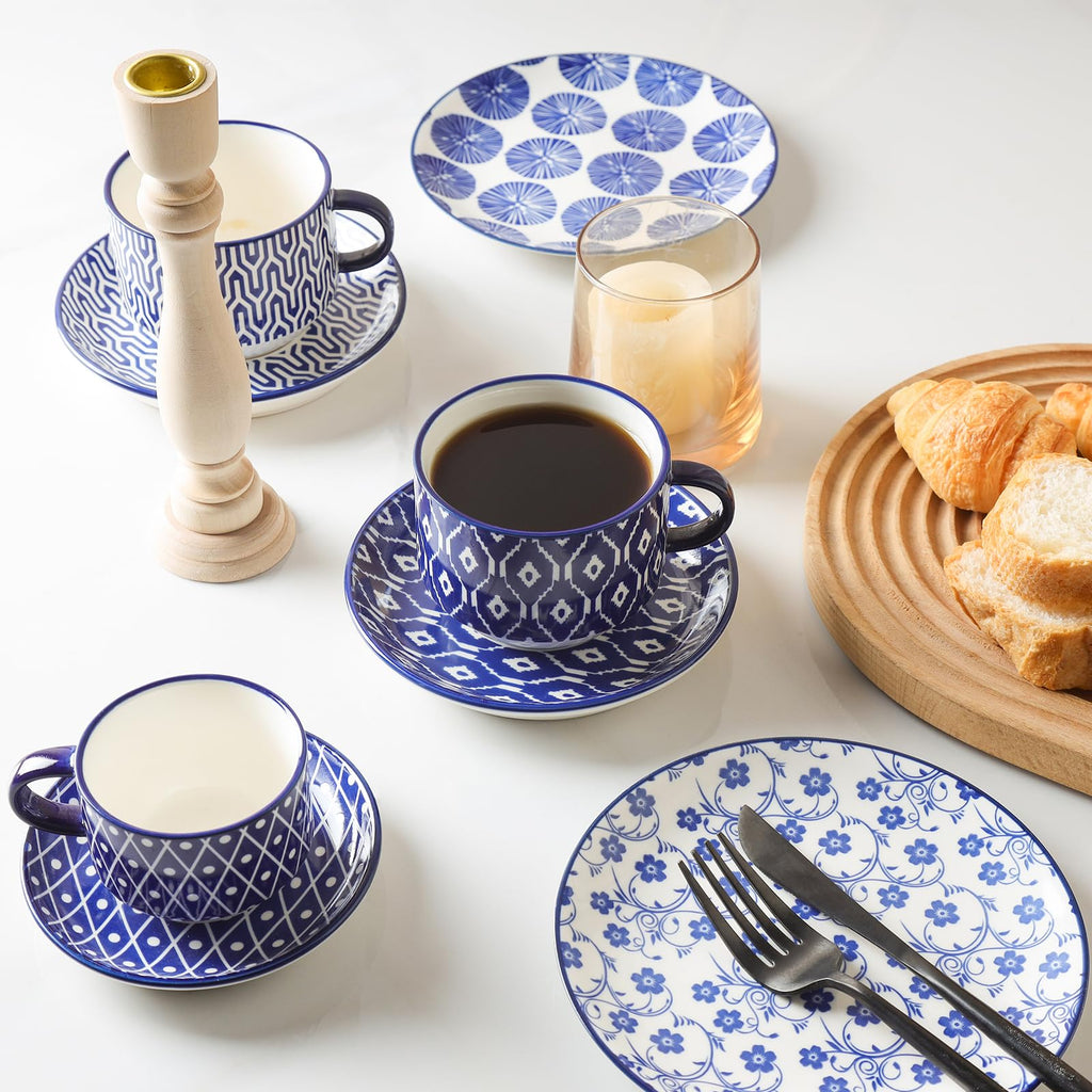 Ceramic Dinnerware Sets 12 Piece Cappuccino Cups with Saucers and Metal Stand W9930