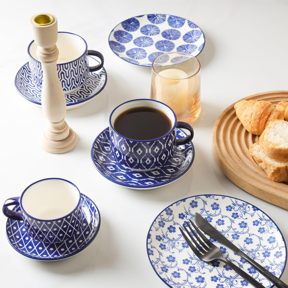 Ceramic Dinnerware Sets 12 Piece Cappuccino Cups with Saucers and Metal Stand W9930