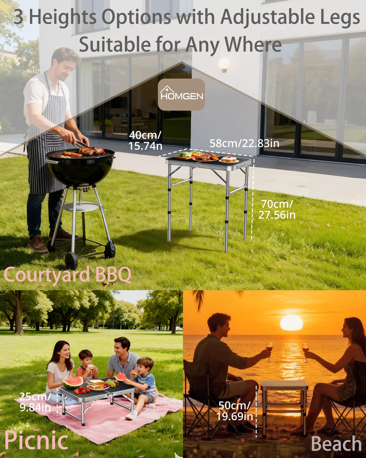 Portable Folding Table 3 Heights Adjustable 23'' L x 16'' W I8192