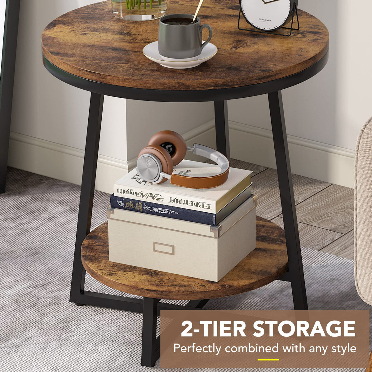2 Tier Round End Table with Storage Shelf P7567