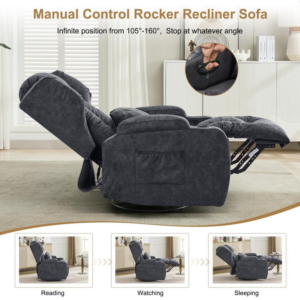Manual Swivel Rocker Recliner Chair Velvet Grey H624