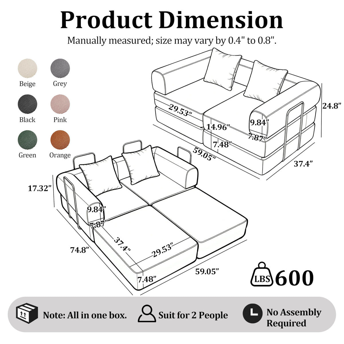 Green Corduroy Convertible Sofa Bed with 2 Pillows I64167