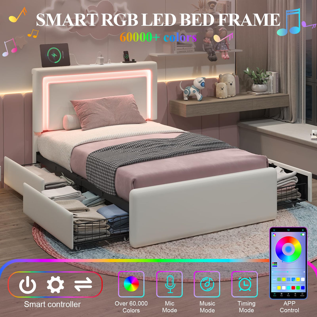 White Twin Size Bed Frame with 4 Storage Drawers V118029