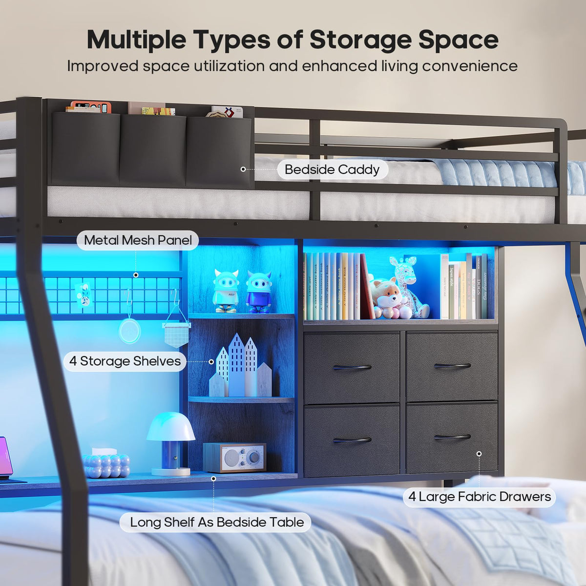 Black Twin Over Twin Bunk Bed with Charging Station & LED Lights P83254