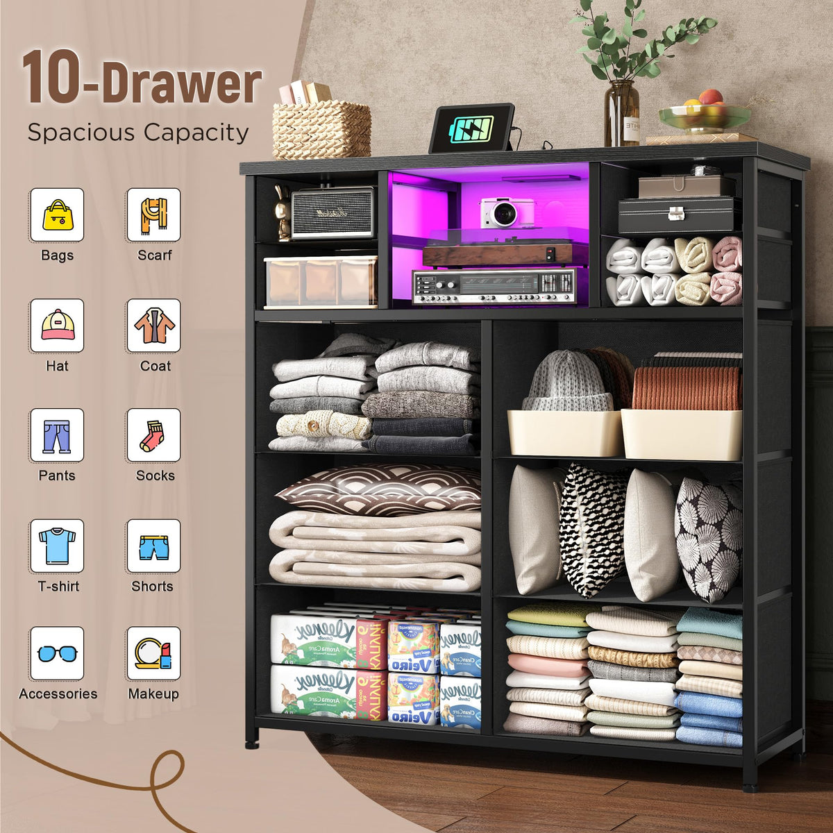Black 10 Drawer Dresser with LED & Charging Station G88838