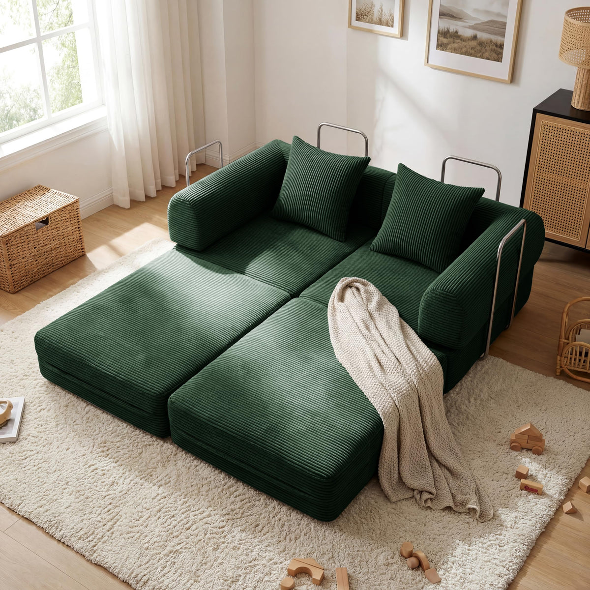 Green Corduroy Convertible Sofa Bed with 2 Pillows I64167