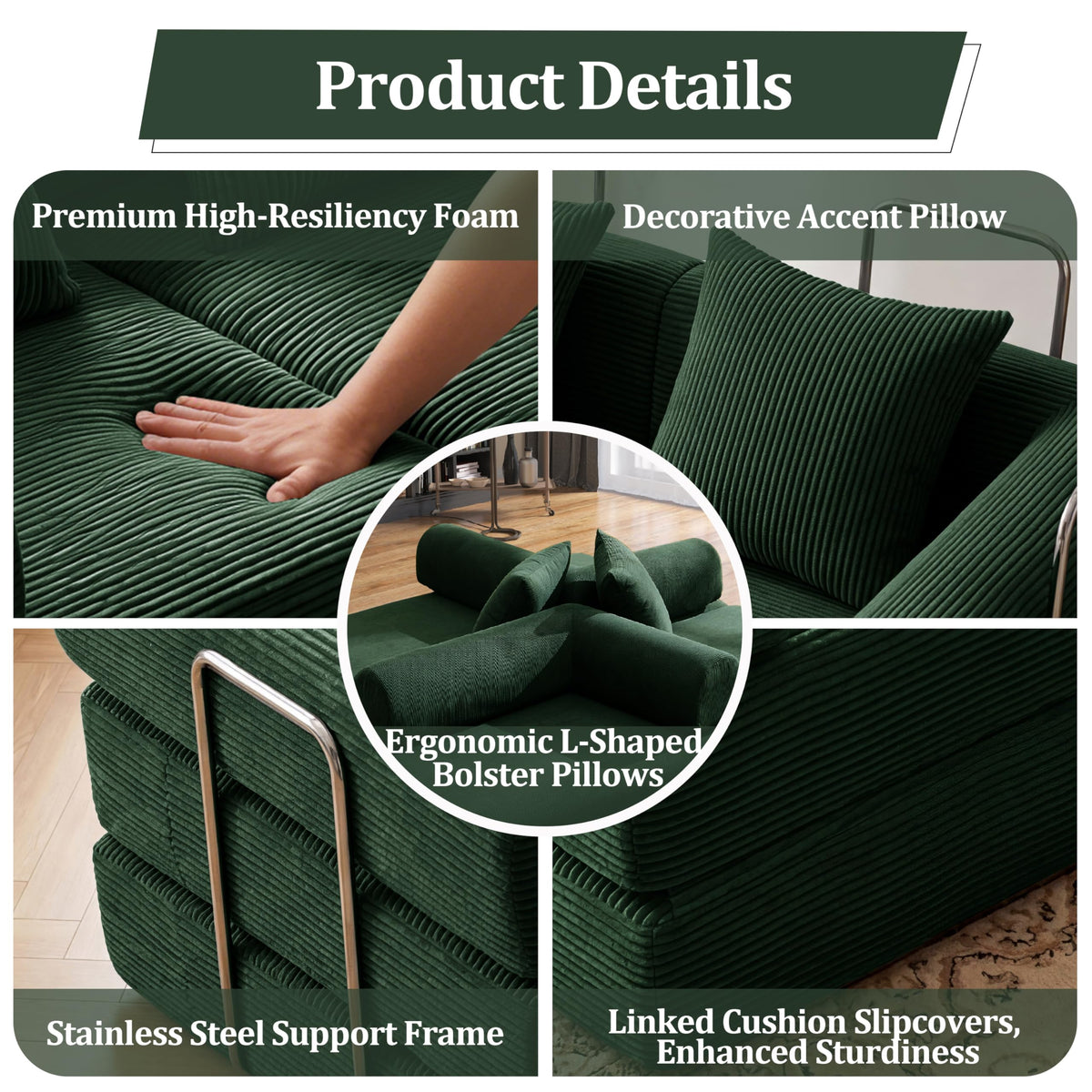 Green Corduroy Convertible Sofa Bed with 2 Pillows I64167
