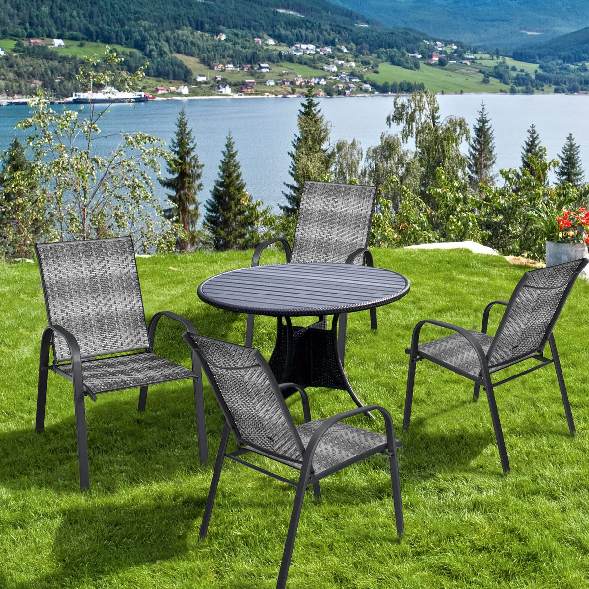 Stackable PE Wicker Patio Arm Chairs Set of 6 R92291