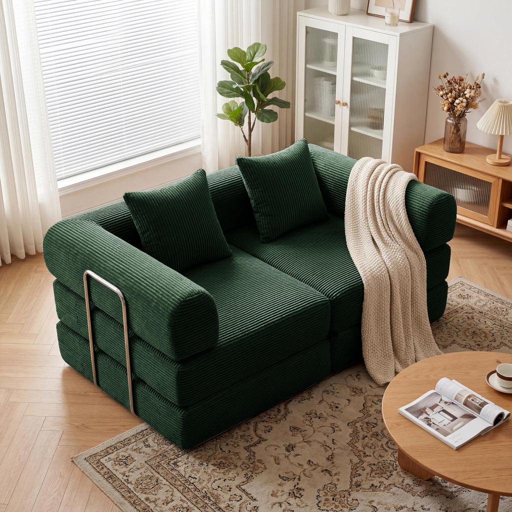 Green Corduroy Convertible Sofa Bed with 2 Pillows I64167