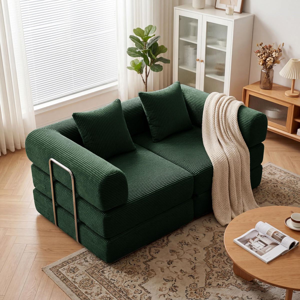 Green Corduroy Convertible Sofa Bed with 2 Pillows I64167