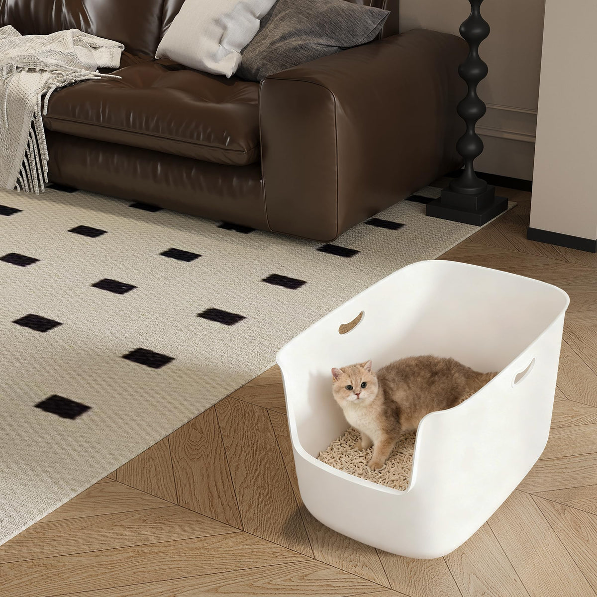 Extra Large High Sided Low Entry Open-Top Cat Litter Box White Q2994